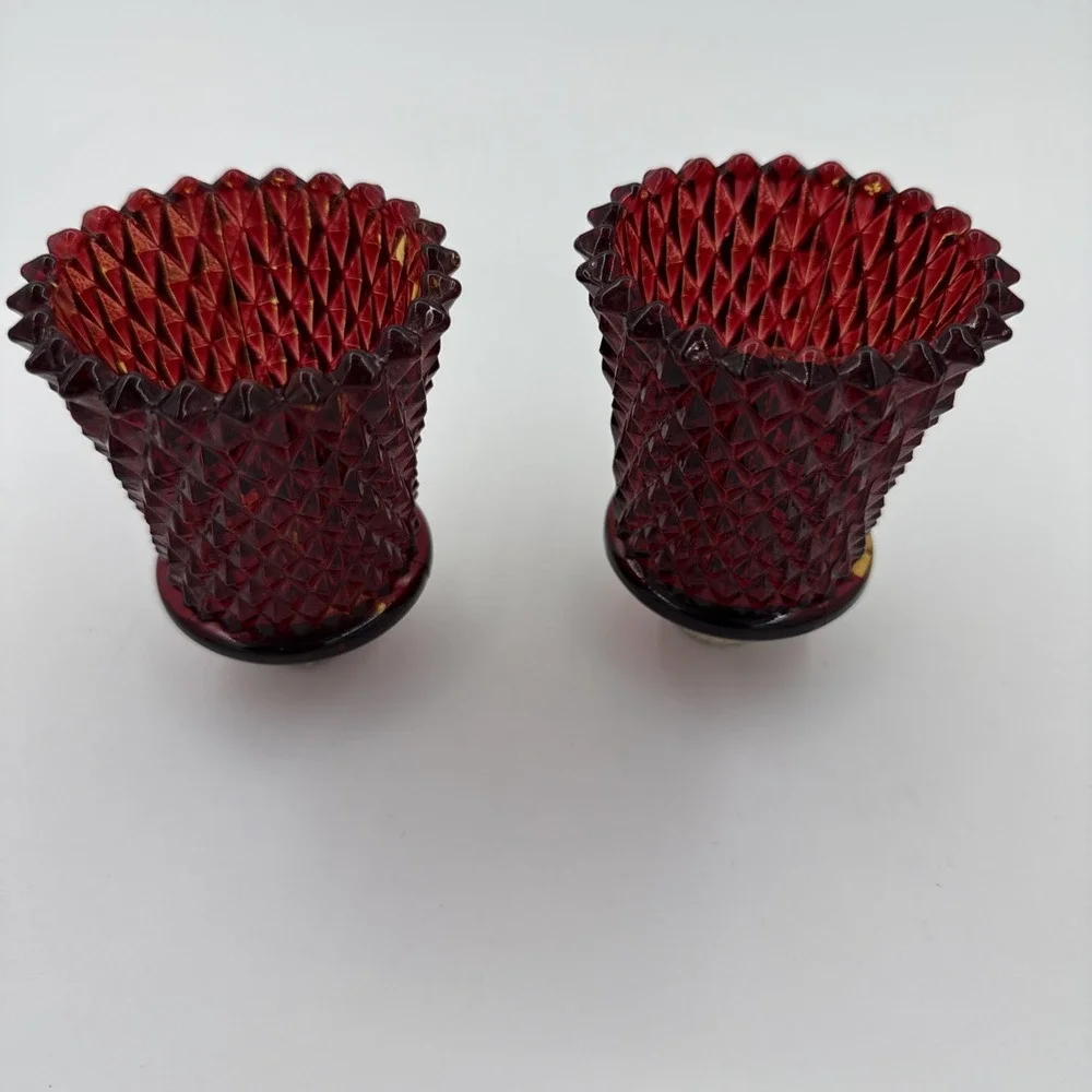 Vintage Homco Ruby Red Diamond Point Pegged Glass Votive 2 Candle Holders